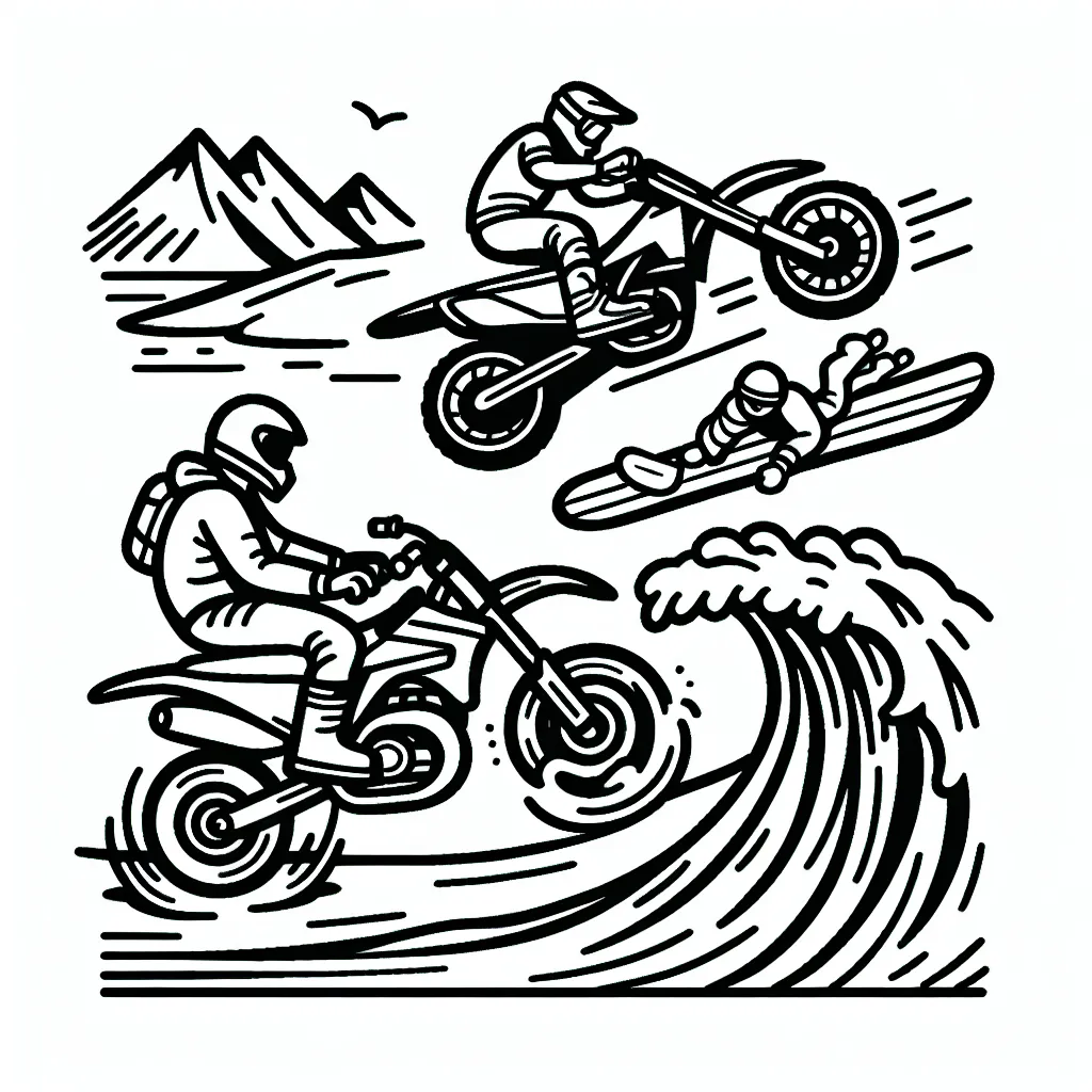 Dessine un motocross en plein vol au-dessus d'une montagne, un surfeur qui dompte une grande vague et un snowboarder qui descend une pente avec célérité.