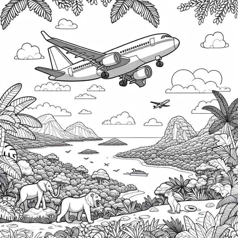 Un avion de ligne survolant un paysage exotique, avec des animaux en bas dans la jungle et des îles dans la mer lointaine.