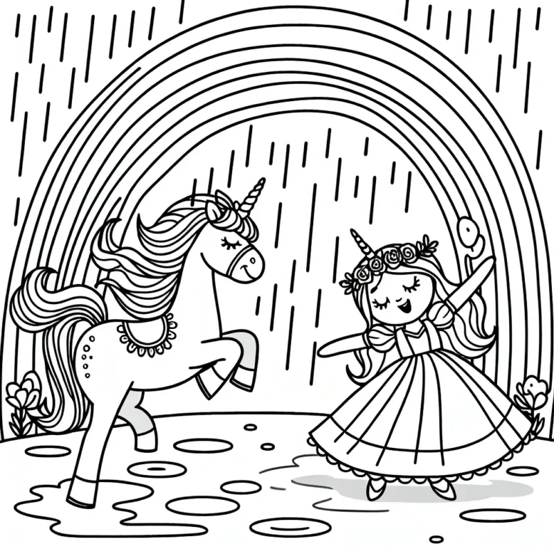 Dessine une princesse qui danse sous la pluie avec sa licorne arc-en-ciel.