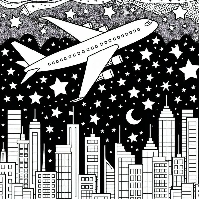 Dessine un avion survolant une grande ville avec des étoiles scintillantes dans le ciel pendant la nuit.