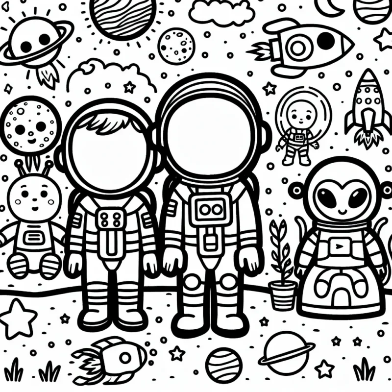 Regarde ce dessin incroyable de l'espace externe avec des astronautes, des fusées et des extraterrestres essais de le rendre coloré avec ton imagination.