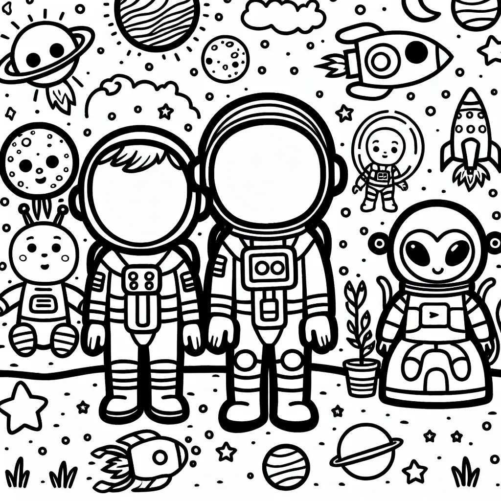 Regarde ce dessin incroyable de l'espace externe avec des astronautes, des fusées et des extraterrestres essais de le rendre coloré avec ton imagination.