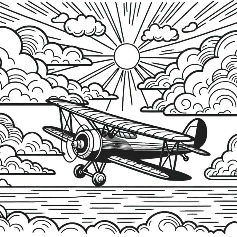 Illustration détaillée d'un avion vintage volant à travers un ciel pommelé de nuages, avec en arrière-plan, un lever de soleil.