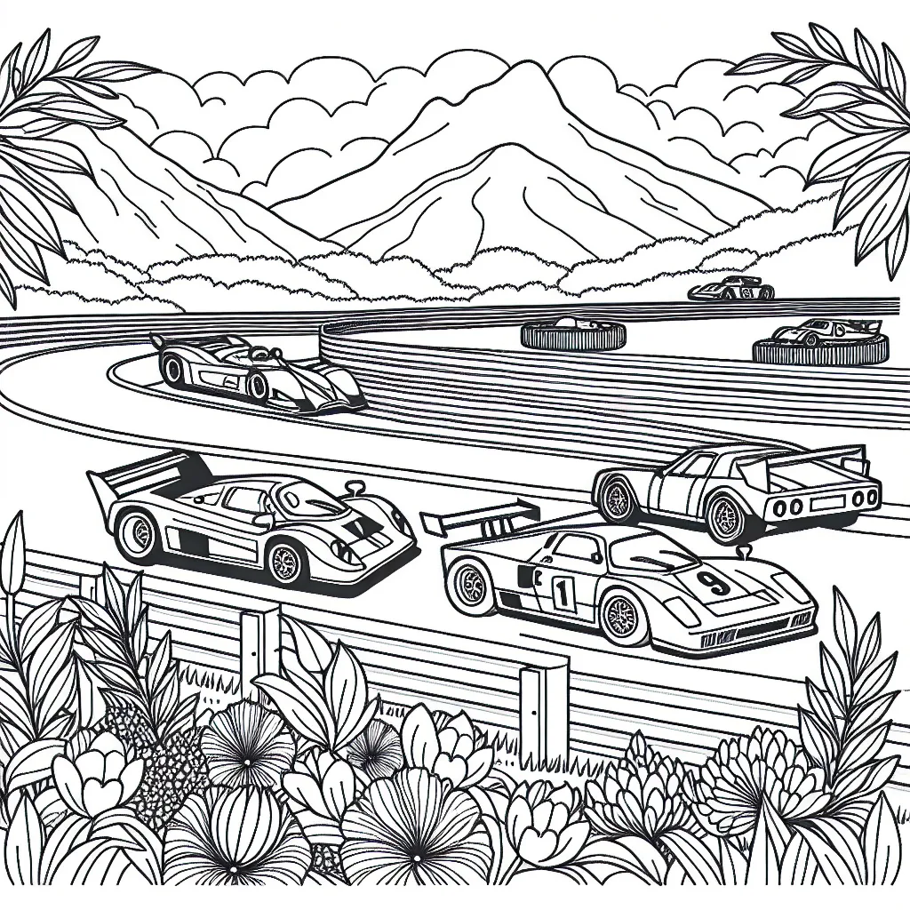 Dessine une course palpitante avec des voitures de sport sur un circuit