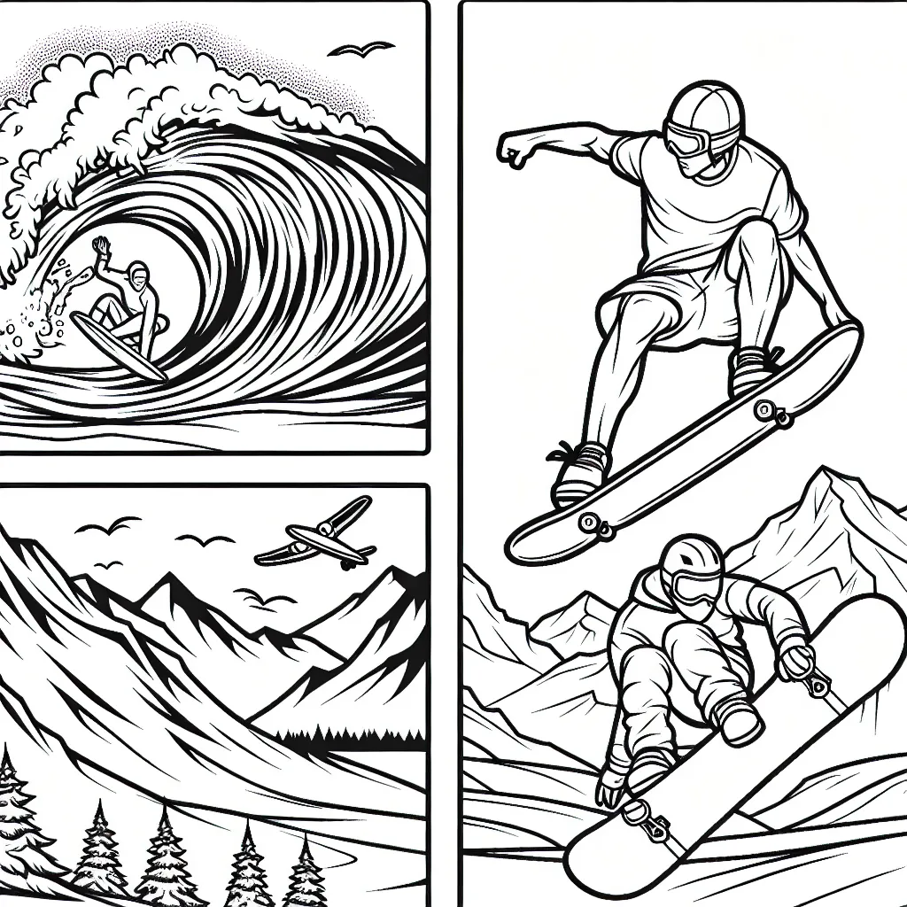 Dessine un surfeur affrontant une immense vague, un skateur réalisant une figure aérienne, et un snowboarder dévalant une montagne enneigée