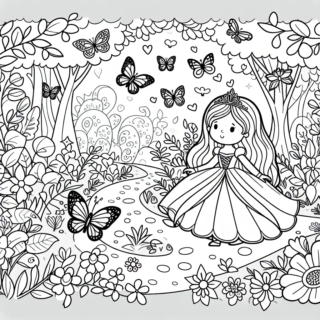 Dessine une princesse se promenant dans un jardin mystérieux, entourée de papillons colorés et de fleurs lumineuses