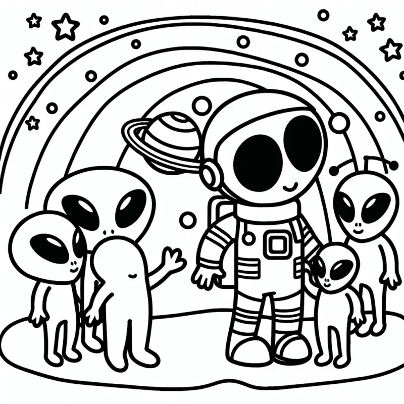 Dessine un astronaute qui joue avec des extraterrestres amicaux sur une planète aux couleurs arc-en-ciel