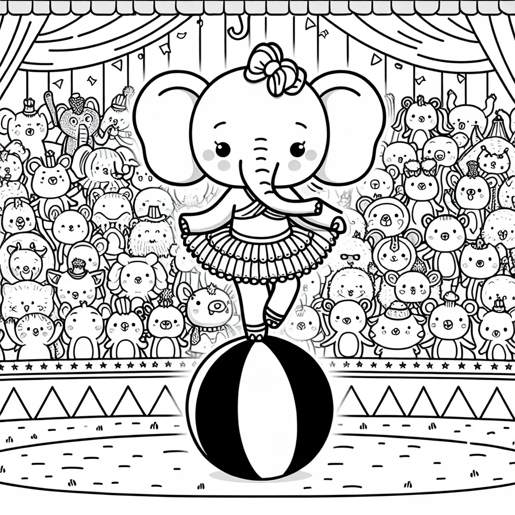 Dessin d'un éléphant en tutu danse en équilibre sur un ballon dans un décor de cirque, avec un public d'animaux en arrière-plan qui applaudit