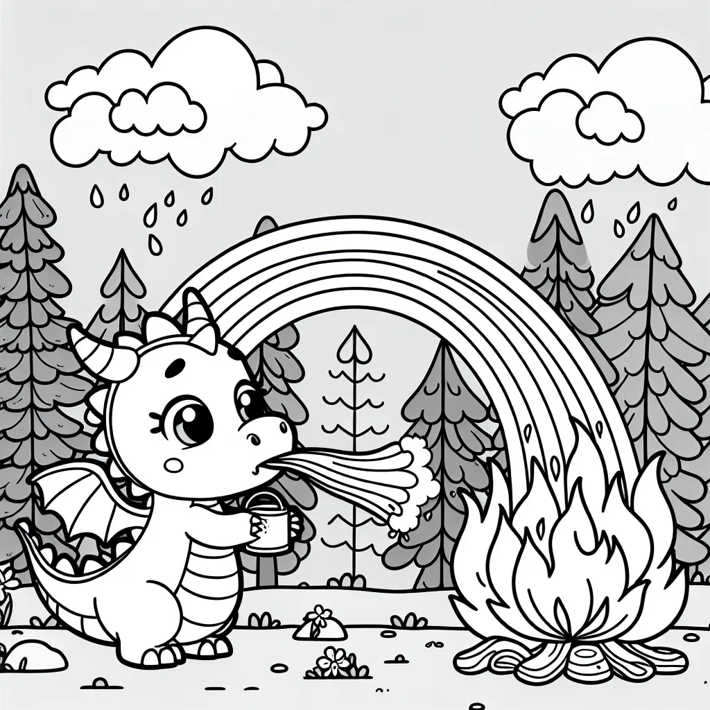 Dans cet aventure de coloriage, un jeune dragon essaye d'éteindre un feu de forêt en soufflant de la vapeur d'eau à travers un arc-en-ciel.