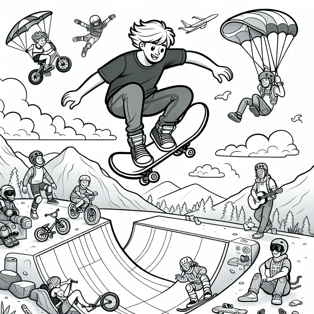 Un skateur aventureux plane dans les airs, au-dessus d'une rampe dans un skatepark. Tout autour, des amateurs de sports extrêmes pratiquent le BMX, l'accrobranche, le snowboard, l'escalade et le parachutisme.