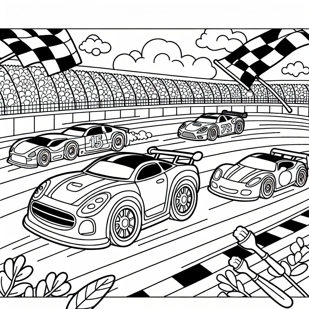 Crée ton propre dessin en couleurs d'une course trépidante de voitures de course sur une piste de course animée !