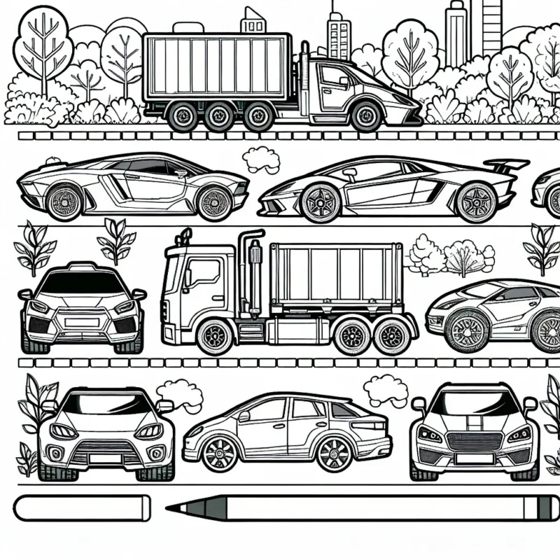 Imprime et amuse-toi à colorier ce beau dessin, qui présente des voitures de différentes marques. Tu pourras retrouver des marques comme Fiat, Mercedes, BMW, Tesla et autres. Pour chacune des voitures, choisis les couleurs de ton choix, sans oublier de colorier le paysage autour!