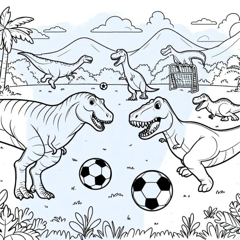 Imprime ce dessin d'un dinosaure T-rex jouant au football avec ses amis dans un parc jurassique