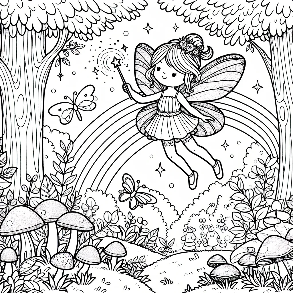 Enchantez votre petite princesse avec ce dessin à colorier mettant en scène une jeune fée volant dans la forêt enchantée. La fée tient une baguette magique scintillante tandis qu'elle survole une clairière remplie de champignons, de petits animaux et d'arbres luxuriants. N'oubliez pas de colorier l'arc-en-ciel dans le ciel !