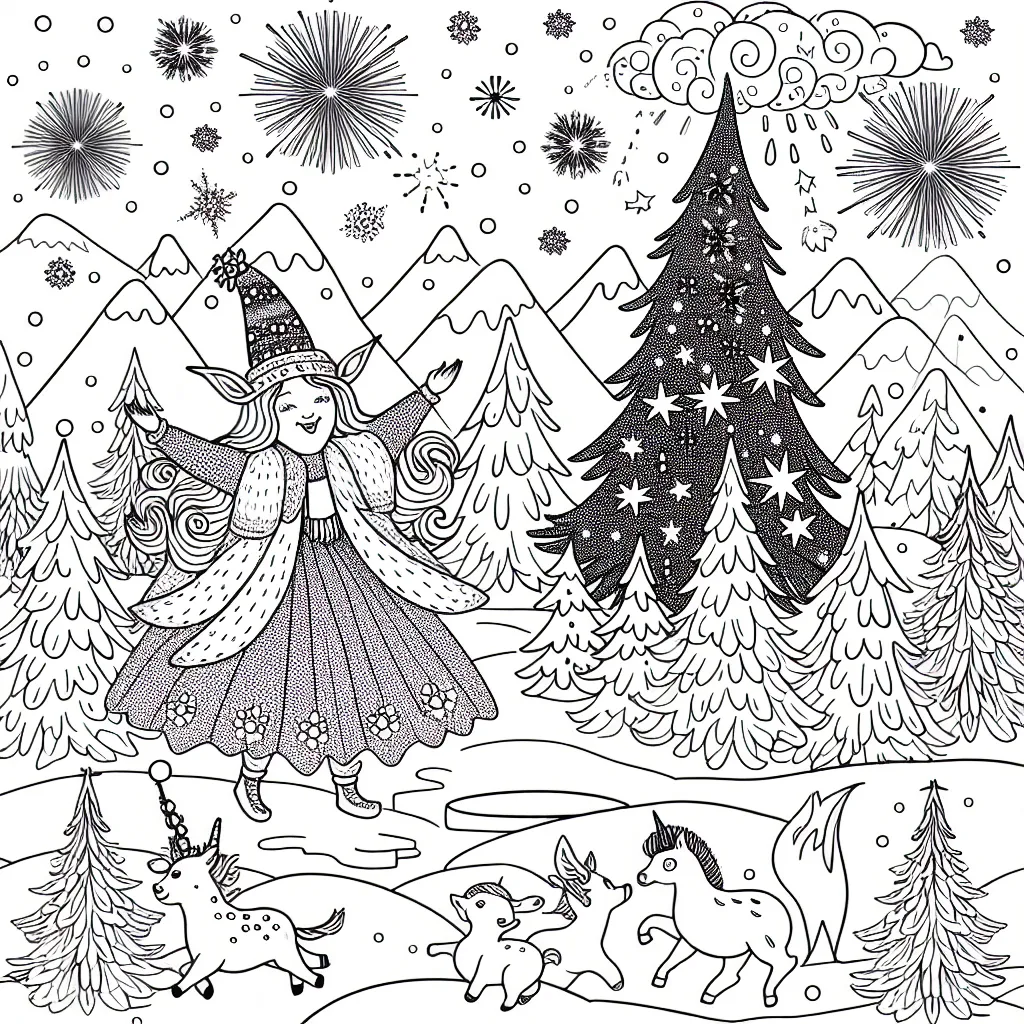 Imagine un personnage magique vivant dans un paysage de montagnes enneigées, ornées de sapins inhabituels lumineux et magiques, et peuple ce paysage avec de joyeux animaux jouant dans la neige.