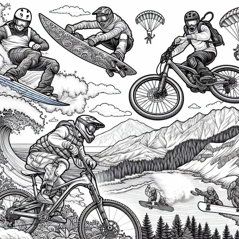 Imagine un dessin détaillé mettant en scène des sportifs en pleine action dans différents sports extrêmes, tels que le surf de gros, le VTT de descente, le saut en base jump et le snowboard freeride. Chaque sportif porte un équipement de sécurité complet typical à son sport et se trouve dans un environnement naturel unique. Il y a une grande variété de couleurs à remplir : l'océan bleu vif pour le surfeur, la montagne rocheuse pour le cycliste, le ciel serein pour le base jumper et les montagnes enneigées pour le snowboard freeride.