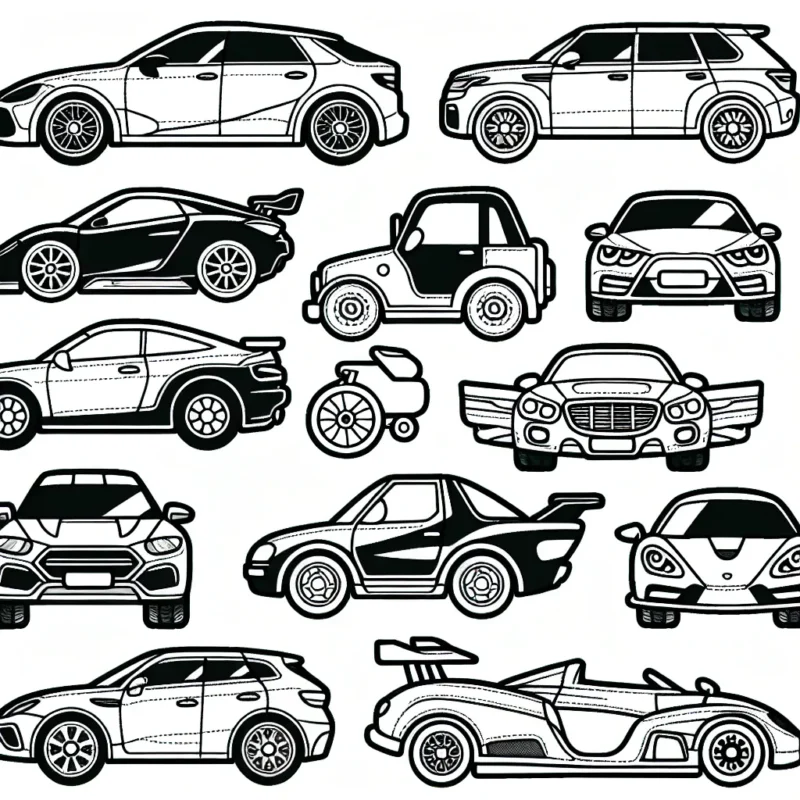 Dessine une variété de voitures différentes par marque, y compris une Ferrari, un Land Rover, une Audi, une BMW et une Mercedes.