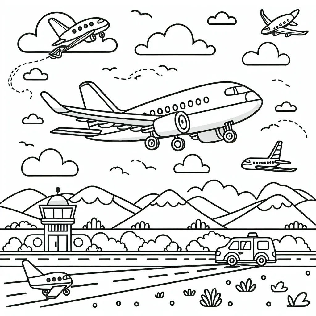 Tu es un pilote d'avion très talentueux et tu es sur le point de t'envoler pour une grande aventure ! Dessine et colore ton avion préféré se préparant à décoller de l'aéroport. N'oublie pas de dessiner le ciel bleu, les montagnes au loin et les autres avions s'éloignant dans le ciel !