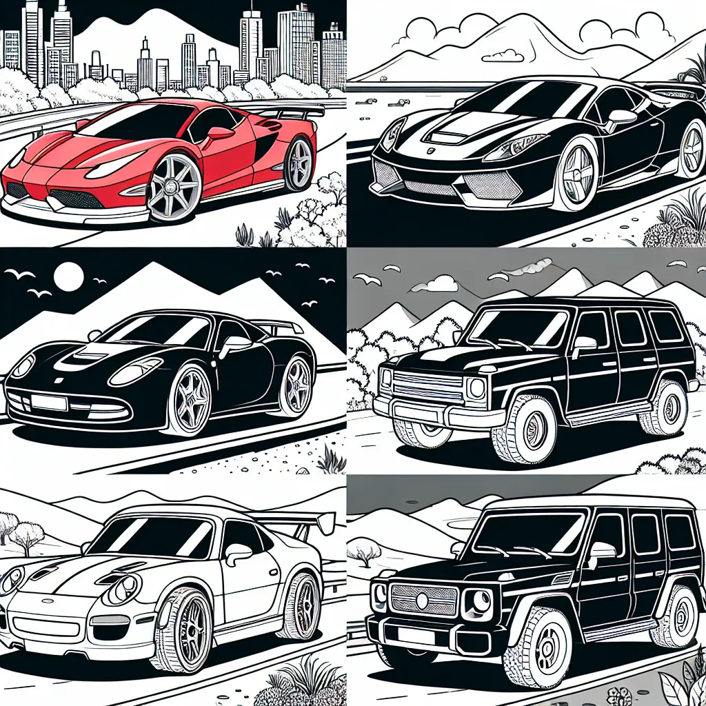 Dessine une collection de voitures par marque. Assure-toi de représenter chaque marque et modèle de manière détaillée, avec tous leurs logos et caractéristiques uniques. Cela inclut par exemple, une Ferrari rouge vif, une BMW bleu foncé, une Citroën grise, une Toyota verte et une Mercedes Benz noire. Assure-toi également d'inclure des détails de l'arrière-plan pour mettre en valeur chaque voiture, par exemple un parcours de course pour la Ferrari, une route de campagne pour la BMW, un paysage urbain pour la Citroën, une route de montagne pour la Toyota et un paysage nocturne pour la Mercedes Benz.