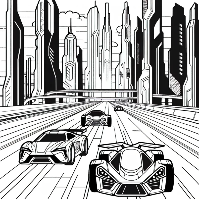 Dessine une course endiablée de voitures du futur dans une ville futuriste !