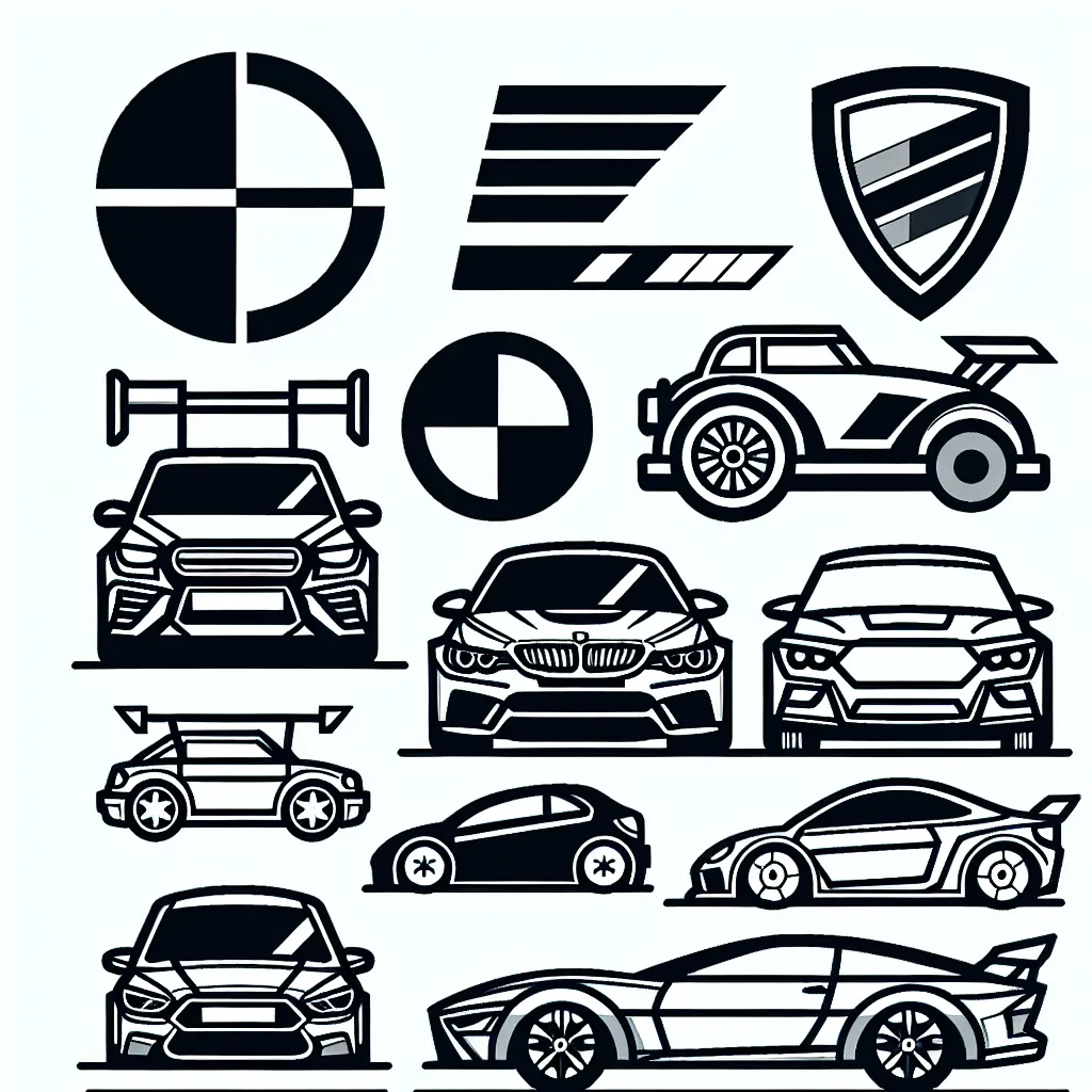 Dessine une collection de voitures par marque : Peugeot, Renault, Citroën, Audi, BMW, Ferrari et Mercedes. Chacune dans son propre espace, avec son logo distinctif à côté d'elle.