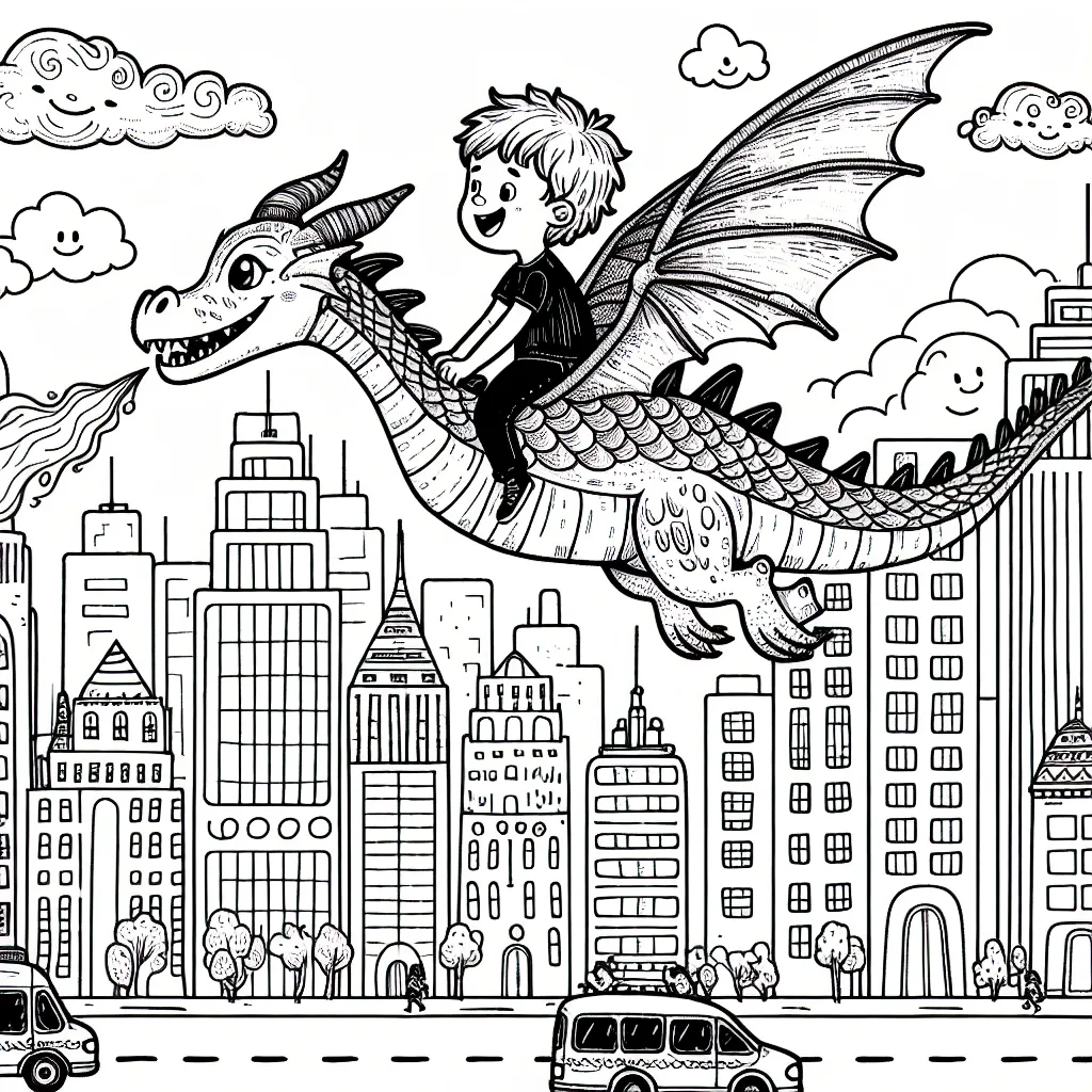 Un petit garçon survole une ville animée sur son dragon aérien magique. Les bâtiments sont hauts et griffonnés de manière détaillée, il y a des voitures, des bus et des gens en bas, tous petits. Le dragon a de grandes ailes déployées, des écailles détaillées et crache du feu. La scène est pleine de nuages où certains ont des visages souriants. Dessine et colore ce monde incroyable.