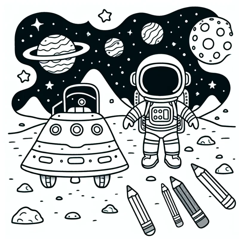 Imagine les aventures spatiales d'un astronaute courageux et son fidèle robot explorateur. Dessine leur vaisseau spatial, le terrain extraterrestre qu'ils explorent et le système solaire lointain dans le fond.