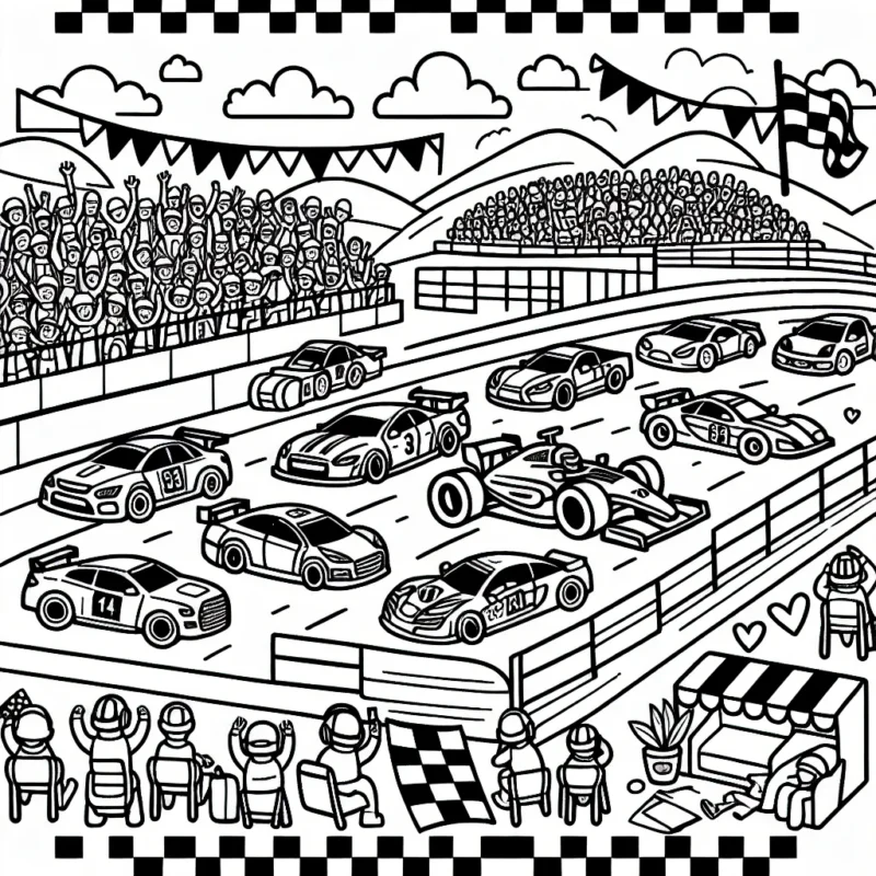 Imagine une scène d'un circuit de course avec des voitures de différents types et des pilotes enthousiastes. N'oublie pas d'ajouter des détails comme le stand de ravitaillement, les spectateurs, etc.