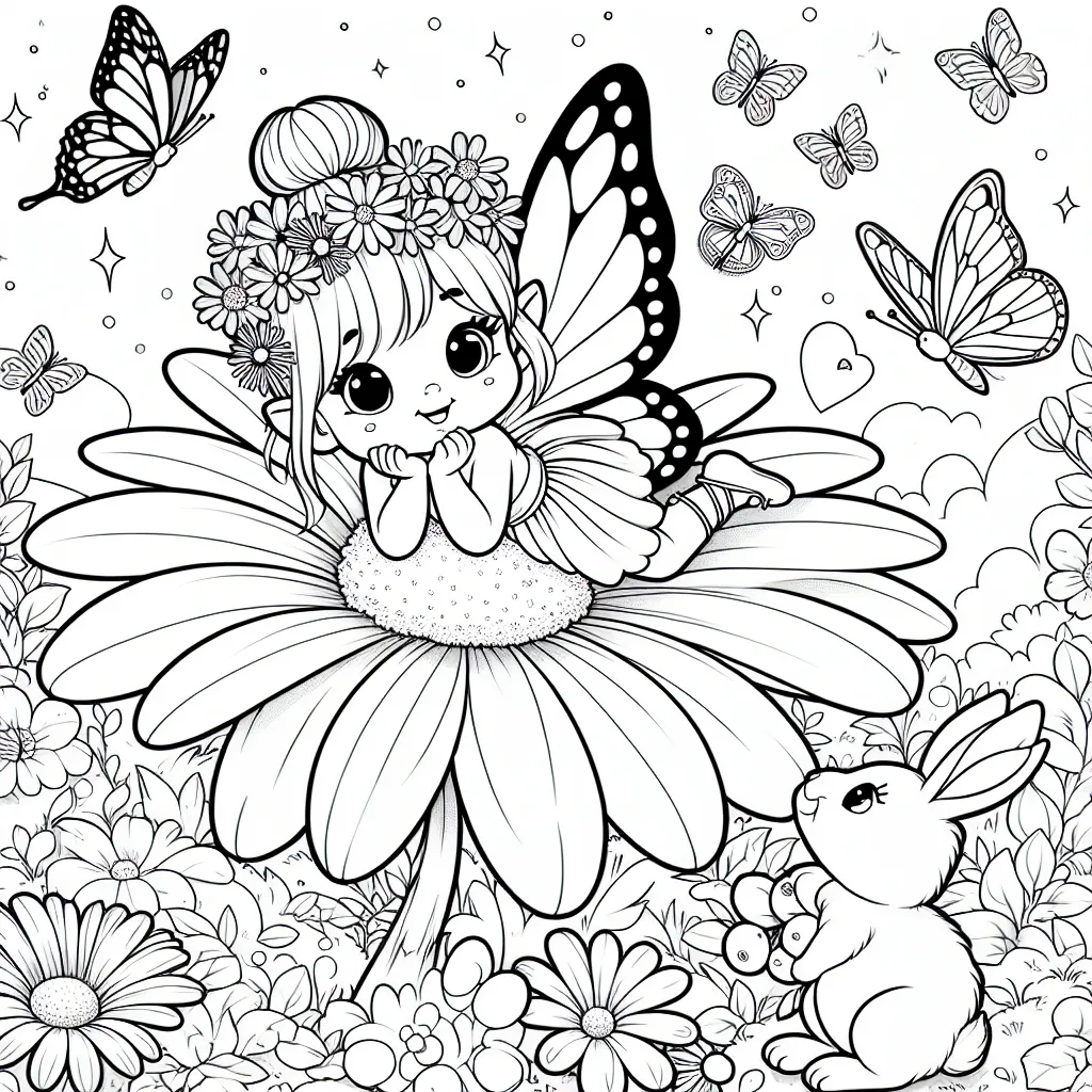 Dans une clairière enchantée, une petite fée à ailes de papillon est assise sur une fleur de marguerite géante. Des papillons arc-en-ciel volent tout autour pendant qu'un petit lapin mignon la regarde avec admiration. Des baies mûres et des fleurs de toutes sortes s'épanouissent autour d'elle.