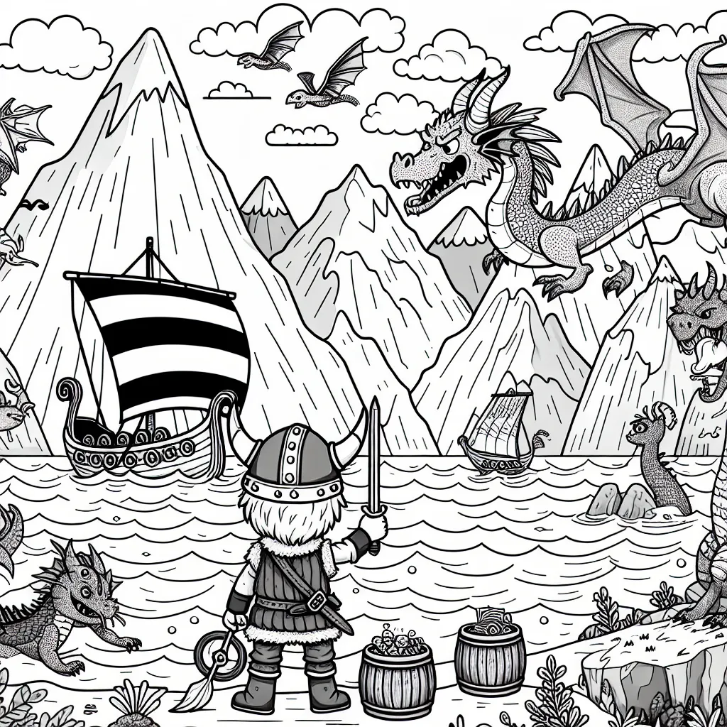 Les aventures d'un petit garçon viking qui découvre des contrées inexplorées en traversant des océans bordés par des créatures mythiques. Il y a des montagnes, des dragons, des bateaux, des trésors, et beaucoup plus à découvrir et à colorier!