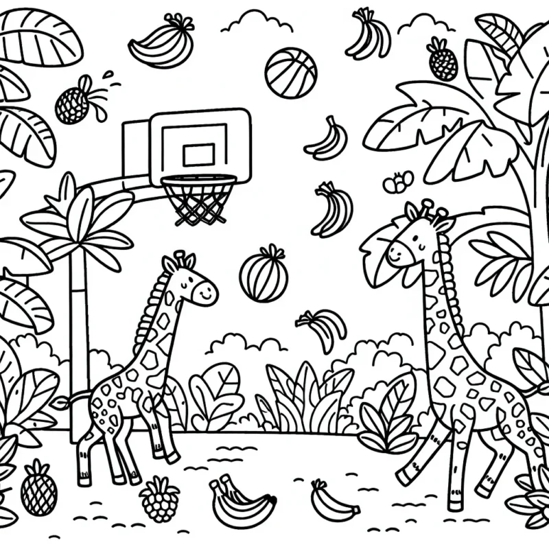 Des girafes jouant au basket dans la jungle, tout en esquivant différentes sortes de fruits tropicaux qui tombent des arbres.