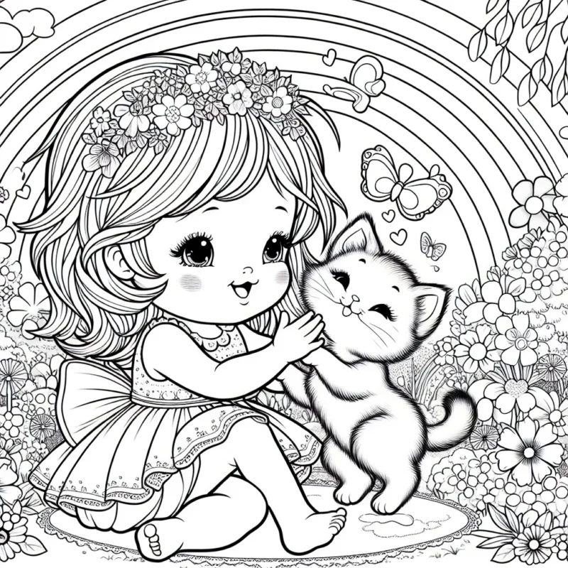 Une petite princesse joue avec son adorable chaton dans un jardin fleuri sous un arc-en-ciel