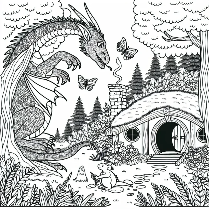 Une maison de Hobbit perdue dans la forêt enchantée avec un dragon qui joue avec des papillons