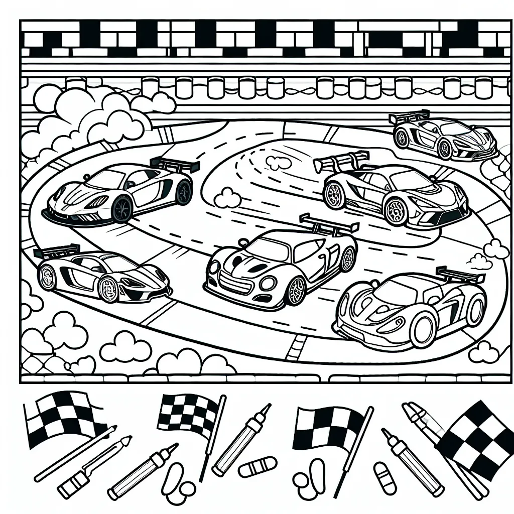 Un grand circuit de course animé avec différentes voitures de course survitaminées.