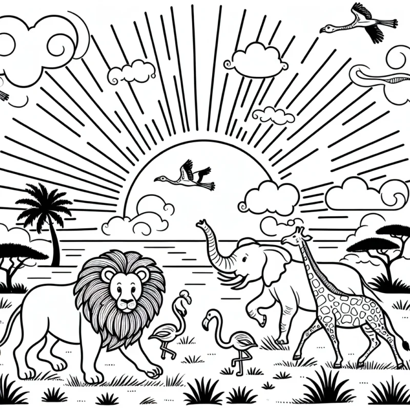 Un safari africain comprenant des animaux exotiques tels qu'un lion, un éléphant, une girafe et des flamants roses traversant la savane. Il y a aussi un coucher de soleil coloré en arrière-plan.