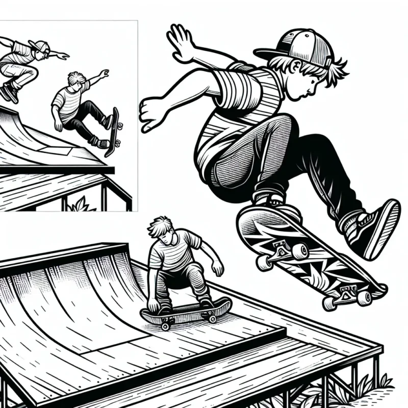 Dessines et colores un parcours de skateboard professionnel avec un skateboardeur effectuant un saut impressionnant par-dessus une rampe, un autre effectuant un flip et un troisième essayant de se tenir en équilibre sur une longue rampe inclinée.