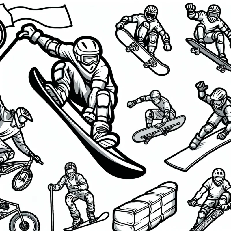 Sur cette page de coloriage tu as devant toi plusieurs sports extrêmes représentés ! Sauras-tu les colorier selon les couleurs d'un vrai pro de ces sports ?