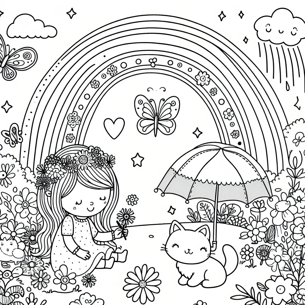 Dans un jardin de rêve, une petite fille joue avec son chaton et un papillon magique, sous un arc-en-ciel et entre des fleurs colorées. Aide-la à colorer ce paysage merveilleux.