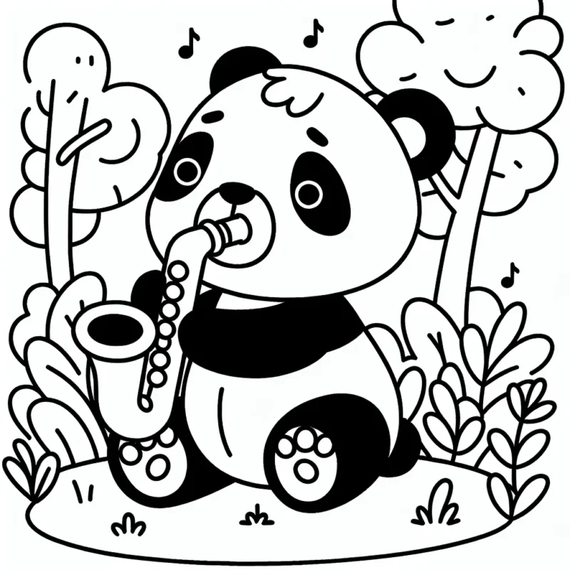 Un panda qui joue du saxophone dans une forêt enchanteresse