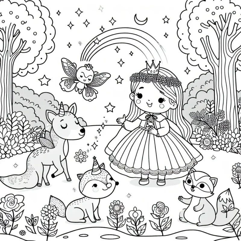 Une petite princesse dans un jardin enchanté avec ses amis les animaux magiques