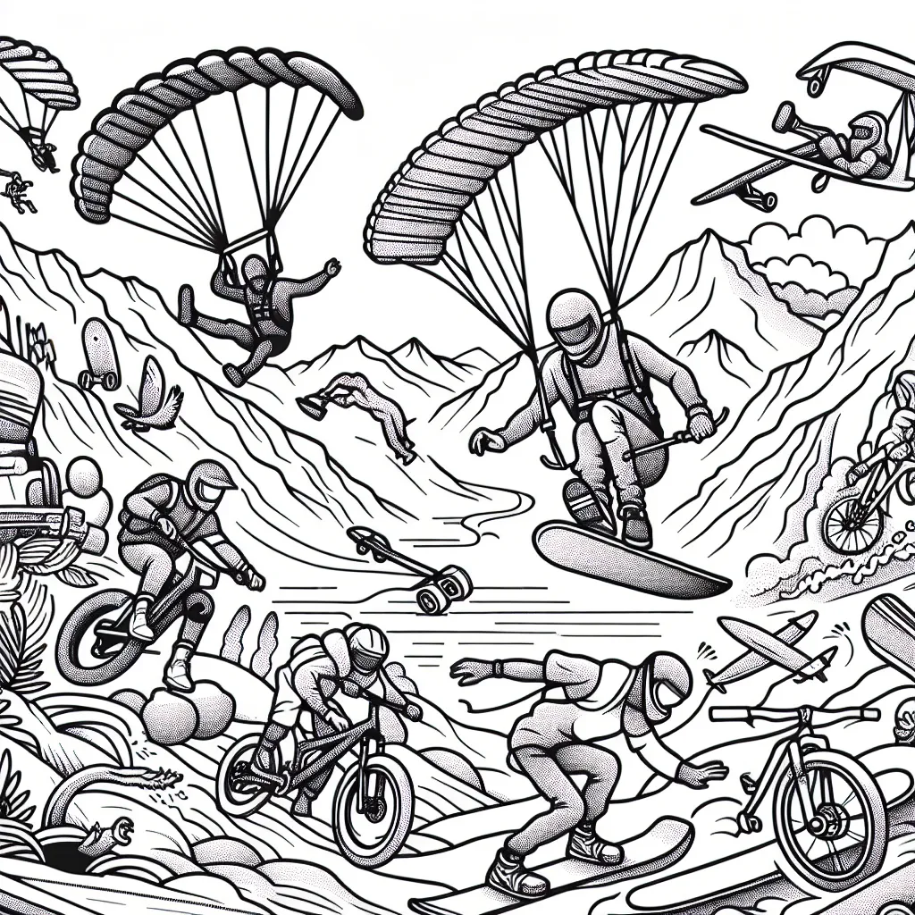 Il s'agit d'une scène vibrante d'activités sportives extrêmes que les enfants peuvent colorier. Les sports présentés dans l'illustration incluent le parachutisme, le surf, le vélo de montagne, le skateboard, le snowboard et l'escalade. Chaque sportif est capturé en pleine action, créant un sentiment d'excitation et de mouvement à travers la page.