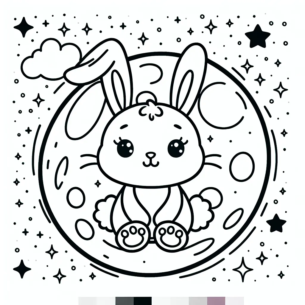 Un adorable petit lapin venu de l'espace débordant de couleur avec des étoiles pétillantes, assis sur une douce lune