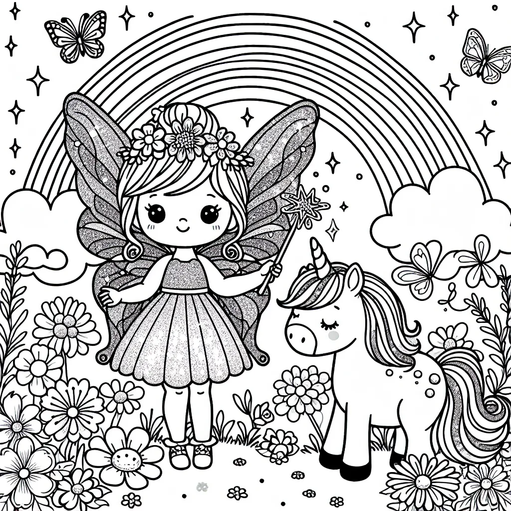 Une petite fée mignonne avec de grandes ailes étincelantes flotte au-dessus d'un champ de fleurs multicolores. Elle porte une robe effet paillettes et tient une baguette magique d'où émanent des étoiles scintillantes. Une licorne avec une crinière colorée se tient à proximité, en train de manger des fleurs. Un arc-en-ciel éclatant se détache dans le ciel au-dessus.