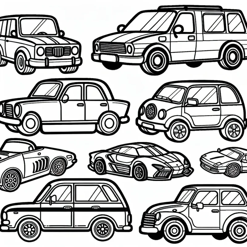 Dessine et colorie une gamme de voitures de différentes marques. Vous devez représenter au moins cinq marques différentes, chacune avec son modèle iconique.