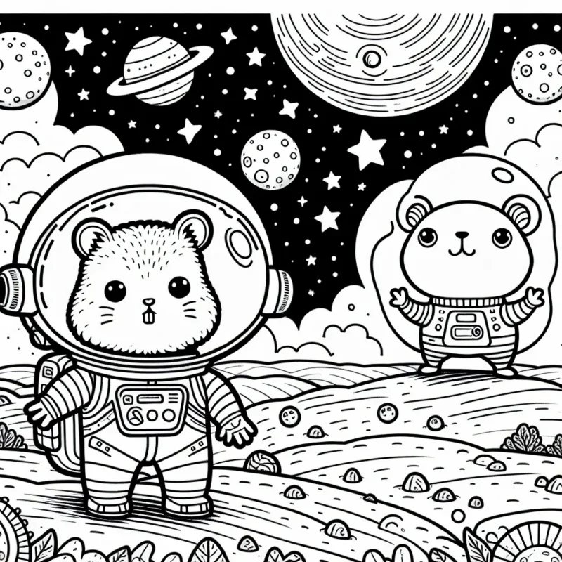 Un hamster astronaute explorant une nouvelle planète peuplée d'aliens amicaux