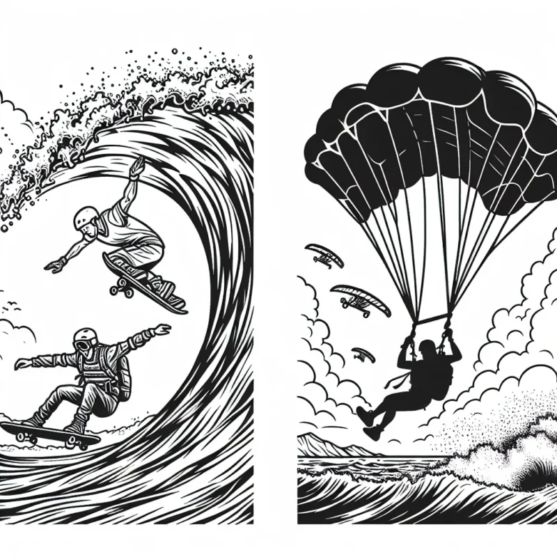 Dessine un skateur en plein saut, un surfer affrontant une vague gigantesque et un parachutiste en chute libre