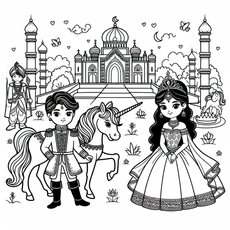 Un bal royal avec une princesse, un prince, une licorne et un royaume enchanté