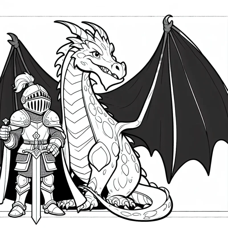 Un courageux chevalier dessiné avec son armure rutilante et son majestueux dragon, se préparant à partir pour une grande aventure.