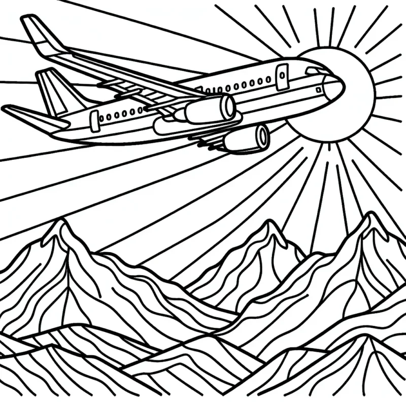 Dessine un avion de ligne en plein vol au-dessus des montagnes tandis que le soleil se couche à l'horizon.