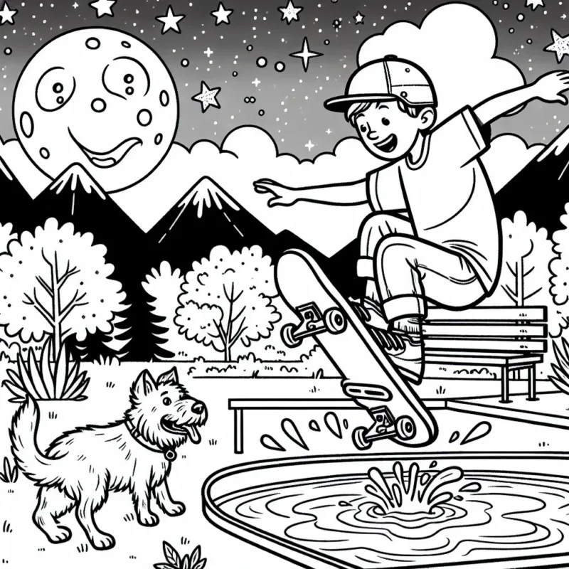 Un sportif fait du skate dans un parc avec des montagnes en arrière-plan et la pleine lune dans le ciel. Il s'apprête à sauter par-dessus une rampe avec des éclaboussures d'eau autour en raison d'une flaque d'eau dans le sol. Son chien le regarde à distance, prêt à courir après lui. Des étoiles scintillantes remplissent le ciel nocturne, ajoutant une sensation de rêve à la scène.